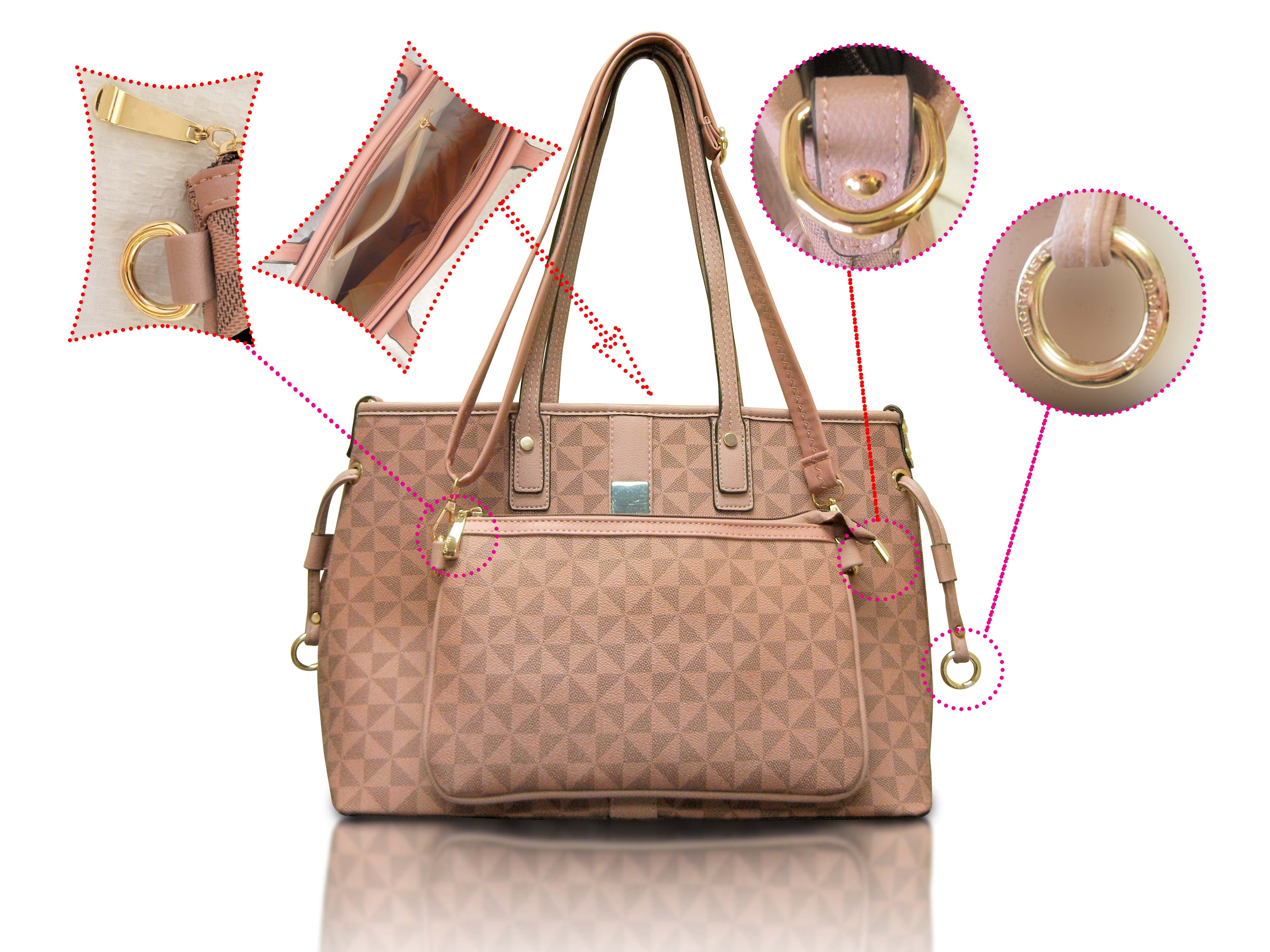 Pink Ladies Handbag with removable straps, large satchel bag,with small companion bag,wallet,
