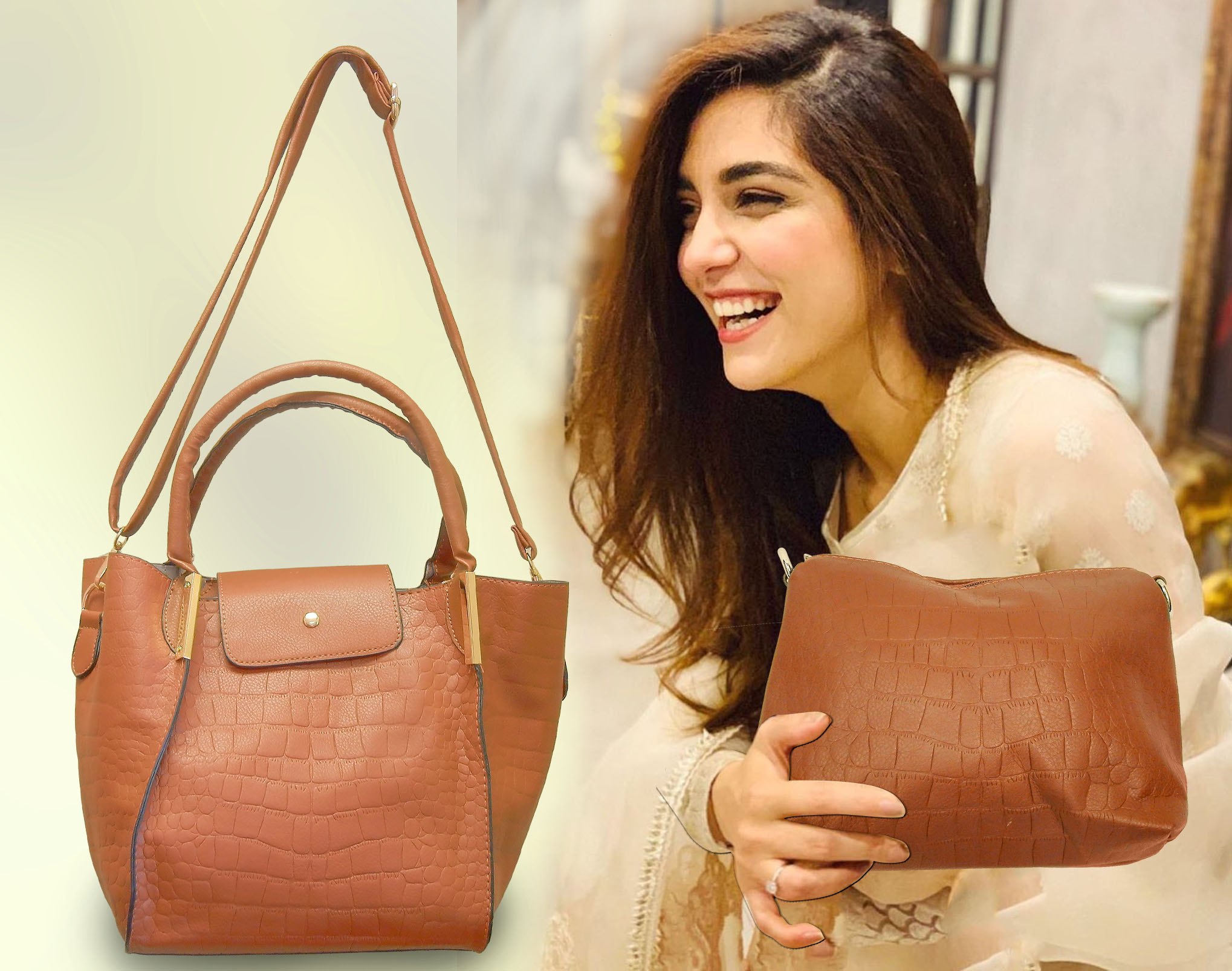 Midsize Ladies Handbag with removable straps, coffee tan color,