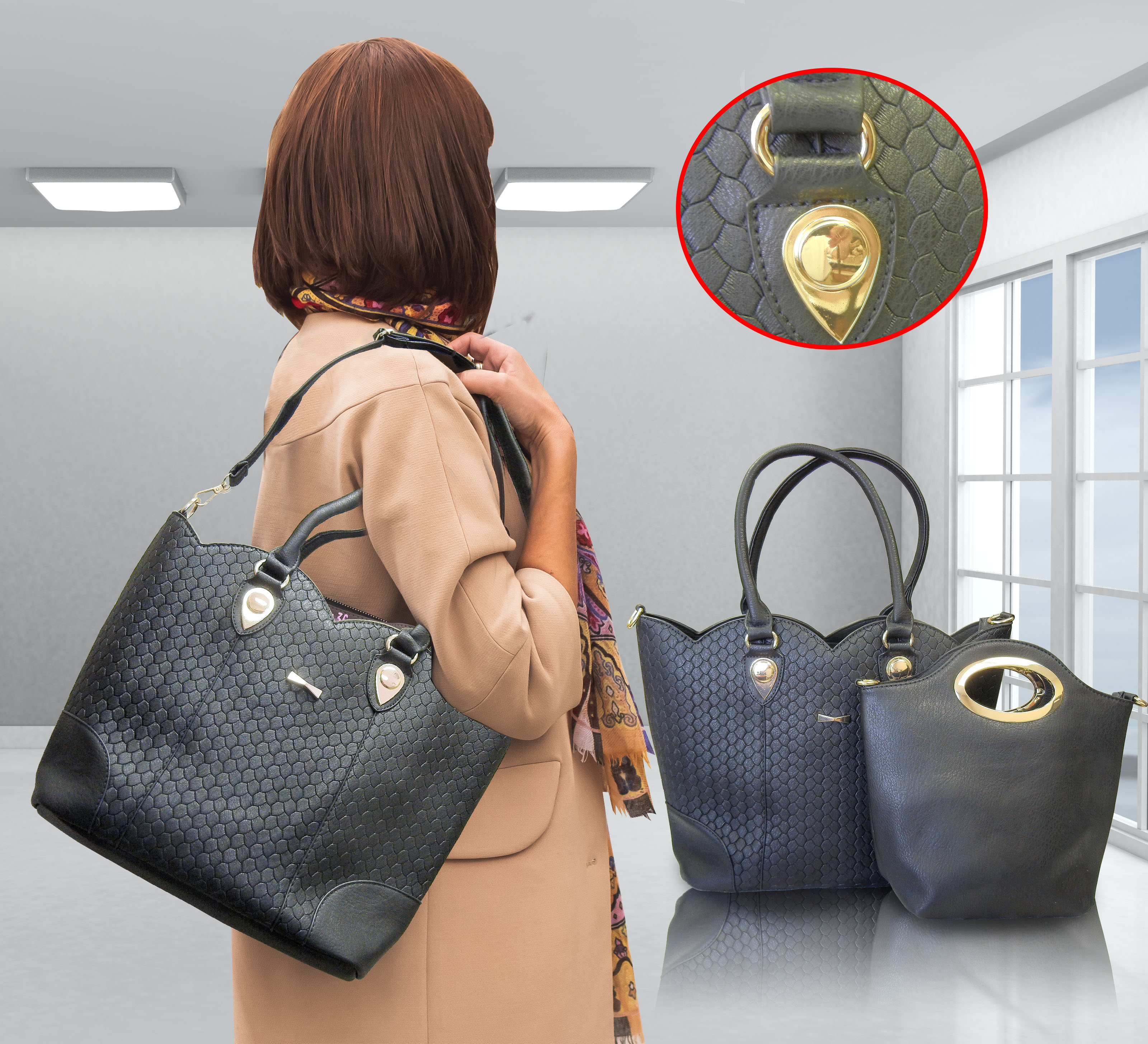 Large Ladies Handbag with removable straps, black color,