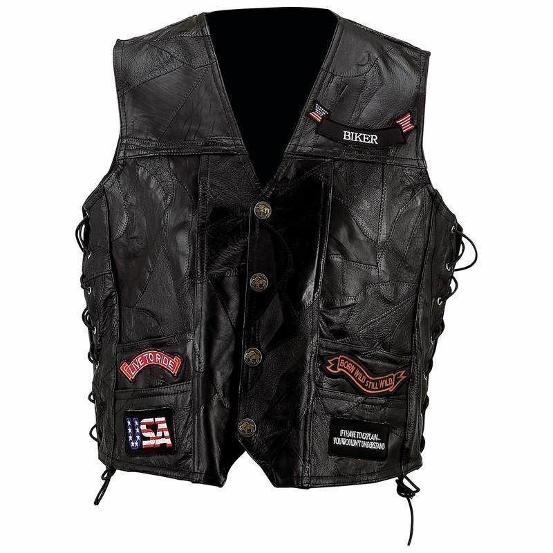 Bikers Vest with US Flag & Eagle Black Leather with patches Classic design