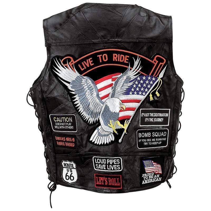 Bikers Vest with US Flag & Eagle Black Leather with patches Classic design
