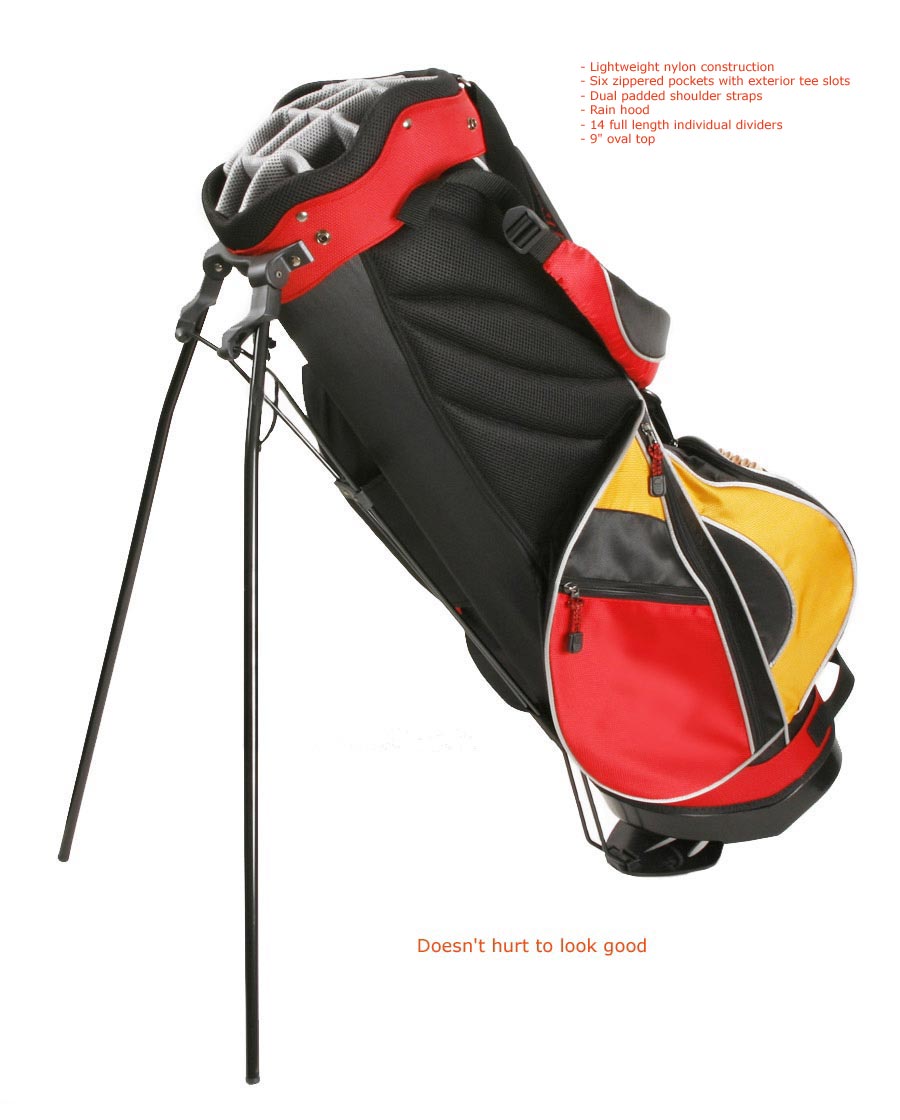 golf -stand bag with strap - beautiful red, yellow and black
