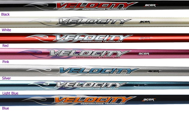 acer velocity graphite shafts - black, white, pink, red, silver, light blue, blue, graphite shafts,low kickpoint, high ball flight, high trajectory.