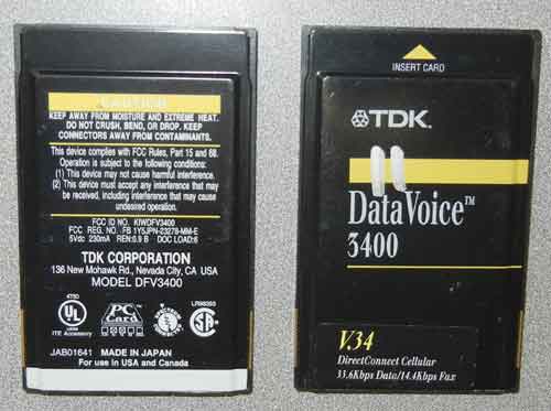 TDK DFV3400  V.34 Data/Fax/Voice modem. PCMCIA. 33.6 Kbps Data / 14.4Kbps Fax. Dongle not included.