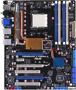 Asus Crosshair II Formula Motherboard, Supports AMD Phenom FX / Phenom / Athlon 64X2 / Athlon 64 FX / Athlon 64 / Sempron processor in the Socket AM2+, NVIDIA nForce® 780a SLI chipset, 3 x PCI Express x16, 2 x PCI-E x1, 2 x PCI 32-bit, DDR2, Dual LAN, USB, IDE, SATA2, RAID, Firewire, Video (VGA & HDMI), Audio, SPDIF, ATX Form Factor