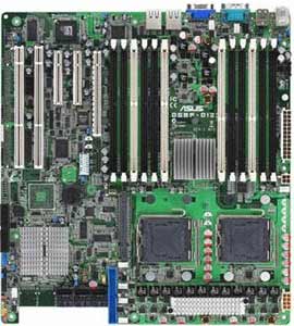 Asus DSBF-D12 Motherboard, Supports Dual Intel ® Xeon processor: Dual-Core Intel ® Xeon ® 5200,Quad-Core Intel ® Xeon ® 5300,  Dual-Core Intel ® Xeon ® 5100 series in the Socket 771, Intel ® 5000P chipset, 1 x PCIe x16 (run x8), 2 x PCIe x8, 2 x PCIx 133/100 Mhz, 1 SODIMM, DDR2, Dual LAN, USB, IDE, SATA2, RAID, Video, SSI EEB 3.6 Form Factor