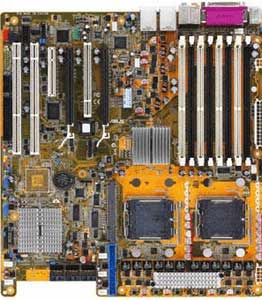 Asus DSGC-DW Motherboard, Supports Dual Intel ® Xeon processor: Quad-Core Intel ® Xeon ® 5300,  Dual-Core Intel ® Xeon ® 5100 series in the Socket 771, FSB up to 1600, Intel ® 5400 chipset, 1 x PCIe x16, 1 x PCIe x16 (run x4), 1 x PCIe x8, 2 x PCIx 133/100 Mhz, 1 PCI 32 Bits, 1 SODIMM, DDR2, Dual LAN, USB, IDE, SATA2, RAID, Firewire, Audio, SPDIF, SSI EEB 3.6 Form Factor