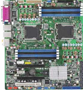 Asus KFN5-D SLI Motherboard, Supports 2 AMD Opteron 2000 Series processors in the Dual Socket 1207, nVIDIA nForce Professional 3600 chipset, 2 x PCIe x16, 1 x PCIe x1, 1 x 32-bit 33MHz PCI, DDR2, Dual LAN, USB, IDE, SATA2, RAID, Audio, SPDIF, E-ATX Form Factor