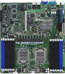 Asus KFSN4-DRE Motherboard, Supports 2 AMD Quad Core/Dual Core Opteron 2000 Series processors in the Dual Socket 1207, nVidia nForce Professional 2200 chipset, 1 x PCIe x16, 1x SO-DIMM socket, DDR2, Dual LAN, USB, IDE, SATA2,  RAID, Video, SSI EEB Form Factor
