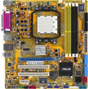 Asus M2A-VM HDMI Motherboard, Supports AMD Athlon 64X2 / Athlon 64 FX / Athlon 64 / Sempron processor in the Socket AM2+, AMD 690G chipset, 1 x PCI Express x16, 1 x PCI-E x1, 2 x PCI 32-bit, DDR2, LAN, USB, IDE, SATA2, RAID, Video (HDMI, DVI & VGA), Audio, SPDIF, Firewire, Micro-ATX Form Factor
