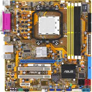 Asus M2A-VM Motherboard, Supports AMD Athlon 64X2 / Athlon 64 FX / Athlon 64 / Sempron processor in the Socket AM2, AMD 690G chipset, 1 x PCI Express x16, 1 x PCI-E x1, 2 x PCI 32-bit, DDR2, LAN, USB, IDE, SATA2, RAID, Video (DVI & VGA), Audio, SPDIF, Micro-ATX Form Factor