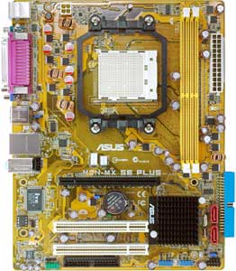 Asus M2N-MX SE PLUS Motherboard, Supports AMD Phenom /  Athlon 64X2 / Athlon 64 FX / Athlon 64 / Sempron processor in the Socket AM2+, NVIDIA GeForce 6100 chipset, 1 x PCI Express x16, 2 x PCI 32-bit, DDR2, LAN, USB, IDE, SATA2, RAID, Video, Audio, SPDIF, Micro-ATX Form Factor