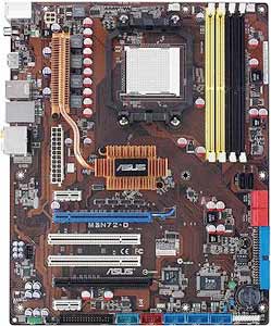 Asus M3N72-D Motherboard Supports AMD Phenom  /  Phenom FX / Athlon 64X2 / Athlon 64 FX /  Sempron processor in the Socket AM2+, NVIDIA nForce 750a SLI chipset, 2 x PCI Express x16, 2 x PCI-E x1, 2 x PCI 32-bit, DDR2,  LAN, USB, IDE, SATA2, RAID, Firewire, Video (VGA& HDMI), Audio, SPDIF, ATX Form Factor