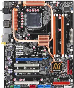 Asus P5K3 Deluxe/WiFi-AP Motherboard, Supports Intel ® Core2 Quad / Core2 Extreme / Core2 Duo / Pentium ® Extreme / Pentium ® D / Pentium ® 4 / Celeron ® D  processor in the Socket LGA 775, Intel ® P35 chipset, 2 x PCI Express x16, 2 x PCIe x1, 3 x 32-bit  PCI, DDR3, Dual LAN, WI/FI, USB, IDE, SATA2, eSATA, RAID, Firewire, Audio, SPDIF,  ATX Form Factor