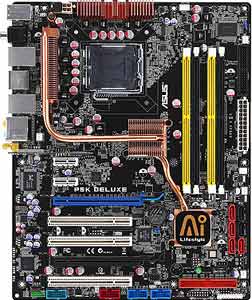 Asus P5K Deluxe/WiFi-AP Motherboard, Supports Intel ® Core2 Quad / Core2 Extreme / Core2 Duo / Pentium ® Extreme / Pentium ® D / Pentium ® 4 / Celeron ® D processor in the Socket LGA 775, Intel ® P35 chipset, 2 x PCI Express x16, 2 x PCIe x1, 3 x 32-bit PCI, DDR2, Dual LAN, WI/FI, USB, IDE, SATA2, eSATA, RAID, Firewire, Audio, SPDIF, ATX Form Factor