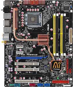 Asus P5K Premium/WiFi-AP Motherboard, Supports Intel ® Core2 Quad / Core2 Extreme / Core2 Duo / Pentium ® Extreme / Pentium ® D / Pentium ® 4 / Celeron ® D processor in the Socket LGA 775, Intel ® P35 chipset, 2 x PCI Express x16, 2 x PCIe x1, 3 x 32-bit PCI, DDR2, Dual LAN, WI/FI, USB, IDE, SATA2, eSATA, RAID, Firewire, Audio, SPDIF, ATX Form Factor