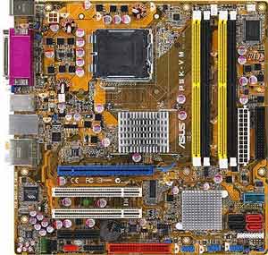 Asus P5K-VM  Motherboard, Supports Intel® Core2   Quad / Extreme / Core2 Duo / Pentium® Extreme / Pentium® D / Pentium® 4 / Celeron® D  processor in the Socket LGA 775, Intel® G33 chipset, 1 x PCI Express x16, 1 x PCIe x1, 2 x 32-bit  PCI, DDR2, LAN, USB, IDE, SATA2, Firewire, Video, Audio, SPDIF, Micro-ATX Form Factor