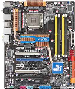 Asus P5Q Deluxe Motherboard, Supports Intel ® Core2 Quad / Core2 Extreme / Core2 Duo / Pentium ® Extreme / Pentium ® D / Pentium ® 4 / Celeron ® D  processor in the Socket LGA 775, Intel ® P45 chipset, 3 x PCI Express x16, 2 x PCIe x1, 2 x 32-bit  PCI, DDR2,  Dual LAN, USB, IDE, SATA2, eSATA, RAID, Firewire, Audio, SPDIF, ATX Form Factor