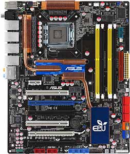 Asus P5Q Premium Motherboard, Supports Intel ® Core2 Quad / Core2 Extreme / Core2 Duo / Pentium ® Extreme / Pentium ® D / Pentium ® 4 / Celeron ® D processor in the Socket LGA 775, Intel ® P45 chipset, 1 x PCI Express x16, 1 x PCI Express x16 run x8, 2 x PCI Express x16 run x4, 1 x PCIe x1, 2 x 32-bit PCI, DDR2, Quad LAN, USB, IDE, SATA2, RAID, eSATA, Drive Xpert, ATI CrossFireX Ready, Firewire, Audio, SPDIF, ATX Form Factor