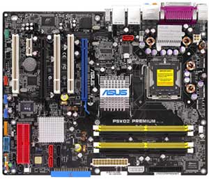 Asus P5WD2 Premium Socket 775 Motherboard with Integrated LAN, USB, 3 PCI, SATA, and Overclocking features.