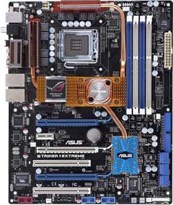 Asus Striker II Extreme Motherboard, Supports Intel® Core2   Quad / Extreme / Core2 Duo / Pentium® Extreme / Pentium® D / Pentium® 4 / Celeron® D  processor in the Socket LGA 775, NVIDIA nForce 790i SLI chipset, 3 x PCI Express x16, 2 x PCIe x1, 2 x 32-bit  PCI, DDR3,  Dual LAN, USB, IDE, SATA2, RAID,  eSATA, Firewire, Audio, SPDIF, ATX Form Factor