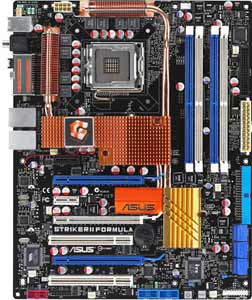 Asus Striker II Formula Motherboard, Supports Intel® Core2   Quad / Extreme / Core2 Duo / Pentium® Extreme / Pentium® D / Pentium® 4 / Celeron® D  processor in the Socket LGA 775, NVIDIA nForce 780i SLI chipset, 3 x PCI Express x16, 2 x PCIe x1, 2 x 32-bit  PCI, DDR2,  Dual LAN, USB, IDE, SATA2, RAID,  Firewire, Audio, SPDIF, ATX Form Factor
