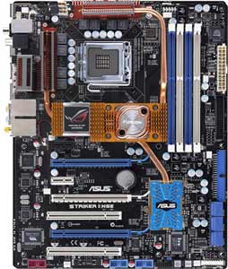 Asus Striker II NSE Motherboard, Supports Intel ® Core2   Quad / Extreme / Core2 Duo / Pentium ® Extreme / Pentium ® D / Pentium ® 4 / Celeron ® D  processor in the Socket LGA 775, NVIDIA nForce 790i SLI chipset, 3 x PCI Express x16, 2 x PCIe x1, 2 x 32-bit  PCI, DDR3,  Dual LAN, USB, IDE, SATA2, RAID,  eSATA, Firewire, Audio, SPDIF, ATX Form Factor