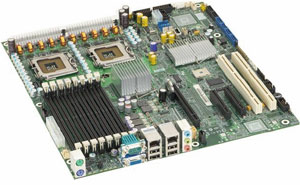 Intel S5000XVNSASDual LGA771 support Dual-Core Intel Xeon Processor 5000, Intel ® 5000X chipset, 1 PCI-E x16, 2 PCI-E x4 ( 8x connector), 1 PCI-X 133 Mhz, 1 PCI-X 100 Mhz, DDR2, Dual LAN, USB, IDE, SATA2, SAS, RAID, Audio, E-ATX Form Factor 