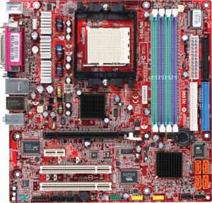 Socket 939 for AMD Athlon 64/64FX processor, ATI RS482 chipset, PCI Express 16x, PCI Express 1x, 2 PCI, On-board Audio, LAN, USB, TV-out, Firewire, SATA.  Micro ATX form factor.