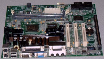 HP D7600-60004 Slot 1 motherboard. Intel 440ZX chipset with 3 PCI, 1 ISA, 2 SDRAM slots. On-Board audio and video. Micro ATX form factor.