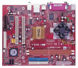 PC CHIPS V21G Motherboard, VIA C7 processor onboard, CN700/8237R+ chipset, 2 x PCI,  1 x CNR, DDR2 DIMM,  LAN, USB, IDE, Video, Audio, Flex ATX Form Factor