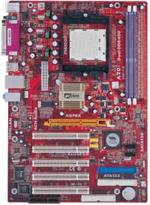 Socket 939 for AMD Athlon 64 / Athlon 64 FX, VIA K8T800 chipset, 2 DDR, SATA, AGP 8x, 5 PCI, 1 CNR, On-board Audio, LAN, USB. Micro ATX