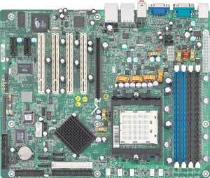 Tyan Tomcat K8E Socket 939 for AMD Opteron, nVIDIA nForce4, 4 DDR-DIMM, 1 PCI Express 16x, 2 PCI Express 1x, 4 PCI, AUDIO, VIDEO, LAN, USB, FIREWIRE, IDE, SATA, RAID Support. 