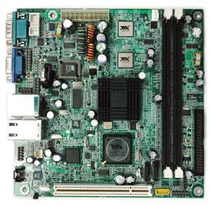 Dual On-board VIA EDEN-N processors, VIA CN400 chipset, 2 DDR, 1 PCI, SATA, On-board Audio, Video, Lan (3x), USB. Mini-ITX.