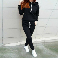 2 Piece Set Women Tracksuit Set Crop Top Hoodie & Jogger Pants Black