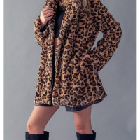 Womens Faux Fur Leopard Print Winter Warm Jacket Trench Coat Fluffy Overcoat Top