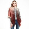 Large Oversized Scarf Multi-Color Stripes Red, Brown, Gray, Beige  with frayed edges Warm & Soft