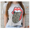 Rolling Stones Women's Cheetah's Tongue Tee, Gray T-Shirt with Red Lips animal print tongue graphic Tee