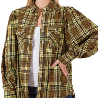 Buttoned down plaid checkered dress shirt,Puff sleeve Hi-Low hem shirt - Wasabi