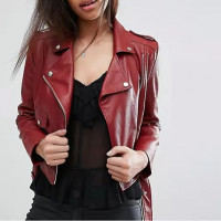 Belted Moto Jacket for Women Urban Trendy Elegant Vegan Leather Dark Red