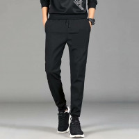 Black Casual Pants for men with side stripes Elastic Waist and draw cord with cuffed leg + side pockets