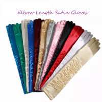 Elbow Length Long Satin Gloves Shirred Elbow Gloves Black, White, Red, Blue & Silver
