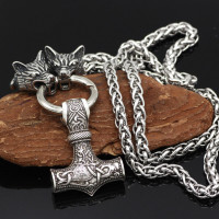 Wolf Pendant Viking Necklace Thors Hammer Necklace Mjolnir Pendant Viking Necklace Wolf Head Pendant