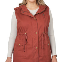 Plus Size Military Style Hooded Vest Large Pockets, Full zip, buttons Dark Rust Versatile - Utility Jacket Vest