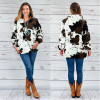 Womens Faux Fur Cow Print Winter Warm Jacket Trench Coat Fluffy Overcoat Top Black