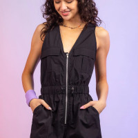 Sleeveless Zip-Up Black Romper with 6 Pockets - Elastic Waistband with Toggle Drawstring - Black