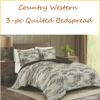 Country Western Design 3 Piece Quilted Bedspread Set Cowboys Black & White print Queen Size & King Size