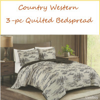 Country Western Design 3 Piece Quilted Bedspread Set Cowboys Black & White print