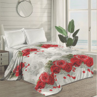 Red Roses Floral Blanket White Base with Gray & Red Roses - King Size