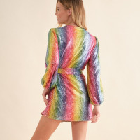 Rainbow Sequined Wrap Dress Short Mini Dress V-Neck Long Sleeves Belted